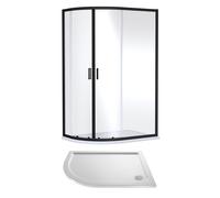 Balterley Offset Quadrant Shower Enclosure with Shower Tray, 6mm Toughened Safety Glass Doors, Left Hand, Bar Handle Framed Enclosures for Showers, Quadrant Tray for Showers (Black/White)