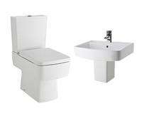 Optic Square Ceramic Bundle - Semi Flush to Wall Toilet Pan, Cistern & Soft Close Seat + 520mm Basin & Semi Pedestal - Balterley