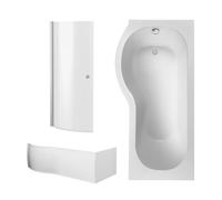 Balterley P Shape 1700x850 Left Hand Shower Bath Set - Panel, Screen with Knob in White Balterley White