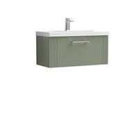 Retro 1 Drawer Wall Hung Vanity Unit with Mid-Edge 1 Tap Hole Ceramic Basin - 800mm - Satin Green - Balterley