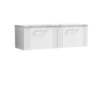 Balterley Partial Fluted 2 Drawer Wall Hung Vanity Unit With Carrera Marble Laminate Worktop - 1200mm - Satin White