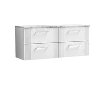 Balterley Partial Fluted 4 Drawer Wall Hung Vanity Unit With Carrera Marble Laminate Worktop - 1200mm - Satin White