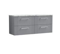 Balterley Partial Fluted 4 Drawer Wall Hung Vanity Unit With Carrera Marble Laminate Worktop - 1200mm - Satin Grey
