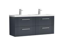 Balterley Partial Fluted 4 Drawer Wall Hung Vanity Unit With Double Polymarble Basin - 1200mm - Satin Dark Grey