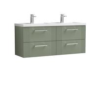 Partial Fluted 4 Drawer Wall Hung Vanity Unit with Double Polymarble Basin - 1200mm - Satin Green