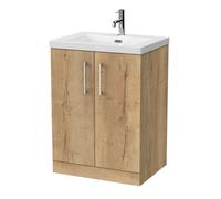 Balterley Pershall Contemporary Floor Standing 2 Door Vanity Unit With 1 Tap Hole Fireclay Basin, 600mm, Autumn Oak