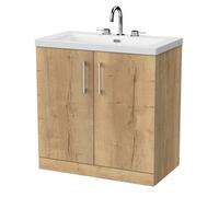 Balterley Pershall Contemporary Floor Standing 2 Door Vanity Unit With 3 Tap Hole Fireclay Basin, 800mm, Autumn Oak