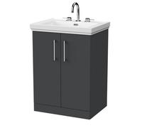 Balterley Pershall Contemporary Floor Standing 2 Door Vanity Unit With Traditional 3 Tap Hole Fireclay Basin, 600mm, Dark Grey