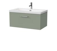 Balterley Pershall Contemporary Wall Hung 1 Drawer Vanity Unit With 1 Tap Hole Fireclay Basin, 800mm, Reed Green