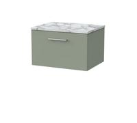 Balterley Pershall Contemporary Wall Hung 1 Drawer Vanity Unit With Carrera Marble Laminate Worktop, 600mm, Reed Green
