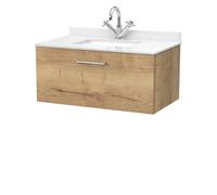 Balterley Pershall Contemporary Wall Hung 1 Drawer Vanity Unit With Marble Top With Basin, 800mm, Autumn Oak