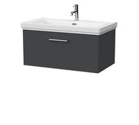 Balterley Pershall Contemporary Wall Hung 1 Drawer Vanity Unit With Traditional 1 Tap Hole Fireclay Basin, 800mm, Dark Grey