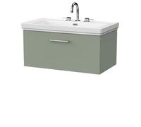 Balterley Pershall Contemporary Wall Hung 1 Drawer Vanity Unit With Traditional 3 Tap Hole Fireclay Basin, 800mm, Reed Green
