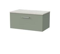 Balterley Pershall Contemporary Wall Hung 1 Drawer Vanity Unit With White Sparkle Laminate Worktop, 800mm, Reed Green