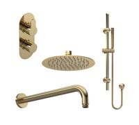Balterley Pride Modern Round 2 Outlet Shower Valve, Head, Wall Arm and Slide Rail Handset Bundle - Brushed Brass