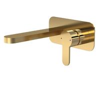 Round Wall Mount 2 Tap Hole Basin Mixer Tap & Back Plate - Brushed Brass