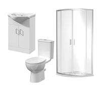 Balterley Quadrant Shower Enclosure with Shower Tray, Toilet & Vanity Unit, Bar Handle Sliding Glass Door with Quadrant Tray, Round Rimless Toilet, Seat & Cistern, 2 Door Vanity Basin Unit