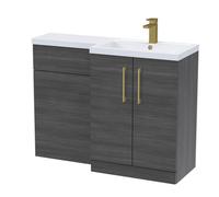 Balterley Woodgrain Anthracite Bathroom Vanity Unit with Basin & WC, Brushed Brass Handles, Right Hand, 1100mm x 390mm