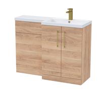 Balterley Light Oak Bathroom Vanity Unit with Basin & WC, Brushed Brass Handles, Right Hand, 1100mm x 390mm