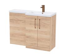 Balterley Right-Hand Bathroom Vanity And Wc Unit Combination With Basin - 1100mm - Woodgrain Light Oak With Brushed Bronze Handles