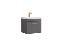 Balterley Rio 1 Drawer Wall Hung Vanity Basin Unit - 500mm - Gloss Grey With Brushed Brass D-Shaped Handle (Tap Not Included)