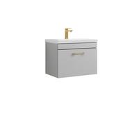 Balterley Rio 1 Drawer Wall Hung Vanity Basin Unit - 600mm - Gloss Grey Mist With Brushed Brass D Handle (Tap Not Included)