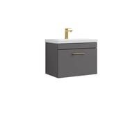 Rio 1 Drawer Wall Hung Vanity Basin Unit - 600mm - Gloss Grey with Brushed Brass D-shaped handle (Tap Not Included)