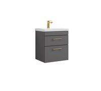 Balterley Rio 2 Drawer Wall Hung Vanity Basin Unit - 500mm - Gloss Grey With Brushed Brass D-Shaped Handles (Tap Not Included)