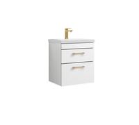 Balterley Rio 2 Drawer Wall Hung Vanity Basin Unit - 500mm - Gloss White With Brushed Brass D-Shaped Handles (Tap Not Included)