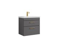 Balterley Rio 2 Drawer Wall Hung Vanity Basin Unit - 600mm - Gloss Grey With Brushed Brass D-Shaped Handles (Tap Not Included)