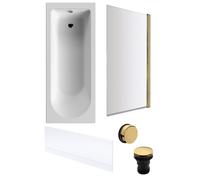 Balterley 1700 x 700mm Round Shower Bath with Leg Set, Brushed Brass Rectangular Shower Screen, Brushed Brass Waste & Front Bath Panel, Straight Single Ended Gloss White Soaking Bathtubs