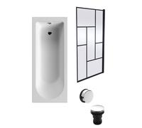Balterley Round 1700x700 Bath Set- Leg Set, Black Abstract Screen & Chrome Waste in White Balterley White