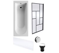 Round Single Ended 1700x700 Bath Set - Front Bath Panel & Black Abstract Framed Screen & Chrome Waste
