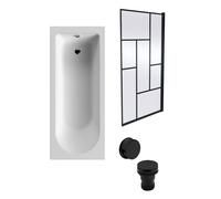 Round Single Ended 1700x700 Bath Set - Leg Set, Black Abstract Framed Screen & Black Waste