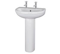 Balterley 555mm Bathroom Sink, Full Pedestal Ceramic Round Bowl Bathroom Wash Basin Sink with Overflow, 2 Tap Hole, Floor Standing Basin Sinks for Cloakroom - 550 x 445 x 845mm (White)