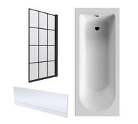 Round Single Ended 1700x750 Shower Bath Set - Front Panel, Matt Black Square Framed Screen & Leg Set