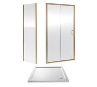6mm Toughened Safety Glass Sliding Shower Door, Side Panel and Shower Tray - 1000 x 800 x 1900mm - Brushed Brass Frame - White Tray