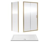 Balterley Ruwa 6mm Toughened Safety Glass Sliding Shower Door, Side Panel And Shower Tray - 1400 X 700 X 1900mm - Brushed Brass/white
