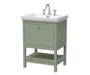 Balterley Rye Traditional Bathroom 1 Soft Close Drawer Floor Standing Vanity Unit Basin, Fern Green, 630mm