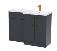 Balterley Satin Dark Grey Bathroom Vanity Unit With Basin & Wc, Brushed Brass Handles, Right Hand, 1100mm X 390mm