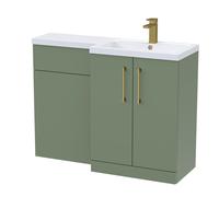 Balterley Satin Green Bathroom Vanity Unit with Basin & WC, Brushed Brass Handles, Right Hand, 1100mm x 390mm