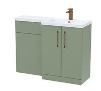 Balterley Satin Green Bathroom Vanity Unit with Basin & WC, Brushed Bronze Handles, Right Hand, 1100mm x 390mm