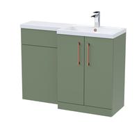 Balterley Satin Green Bathroom Vanity Unit with Basin & WC, Copper Handles, Right Hand, 1100mm x 390mm
