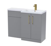 Balterley Satin Grey Bathroom Vanity Unit with Basin & WC, Brushed Brass Handles, Right Hand, 1100mm x 390mm