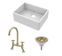 Balterley Fireclay Kitchen Bundle: Single Bowl Butler Sink, Strainer Waste & Bridge Crosshead Mixer Tap, 595mm - Brushed Brass