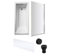 Balterley Square 1700x700 Bath Set - Panel, Chrome Screen & Black Waste in White Balterley White