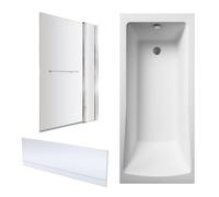 Square Single Ended 1700x750 Bath with Front Panel, Chrome Square Bath Screen with Fixed Panel and Towel Rail & Leg Set