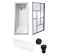 Square Single Ended 1700x700 with Front Bath Panel. Black Abstract Framed Screen & Black Waste