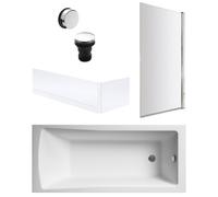 Balterley 1700 x 700mm Square Shower Bath with Leg Set, Chrome Rectangular Shower Screen, Chrome Waste & Front & End Bath Panels, Straight Single Ended Gloss White Soaking Bathtubs