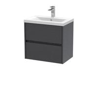 Square Wall Hung 2 Drawer Vanity Unit & Ceramic Basin, 600mm - Woodgrain Graphite Grey